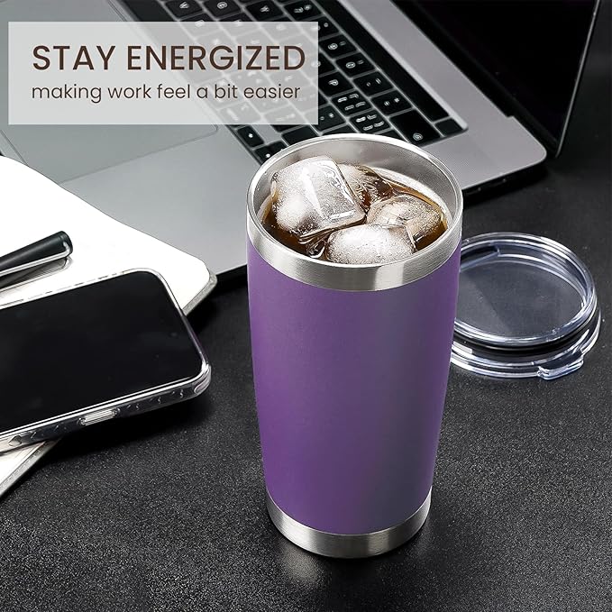 MEWAY 20oz Tumbler 8 Pack Double Wall Vacuum Insulated Travel Mug Bulk, Stainless Steel Tumblers with Lid and Straw, Durable Powder Coated Coffee Cups for Cold & Hot Drinks (Purple, 8)