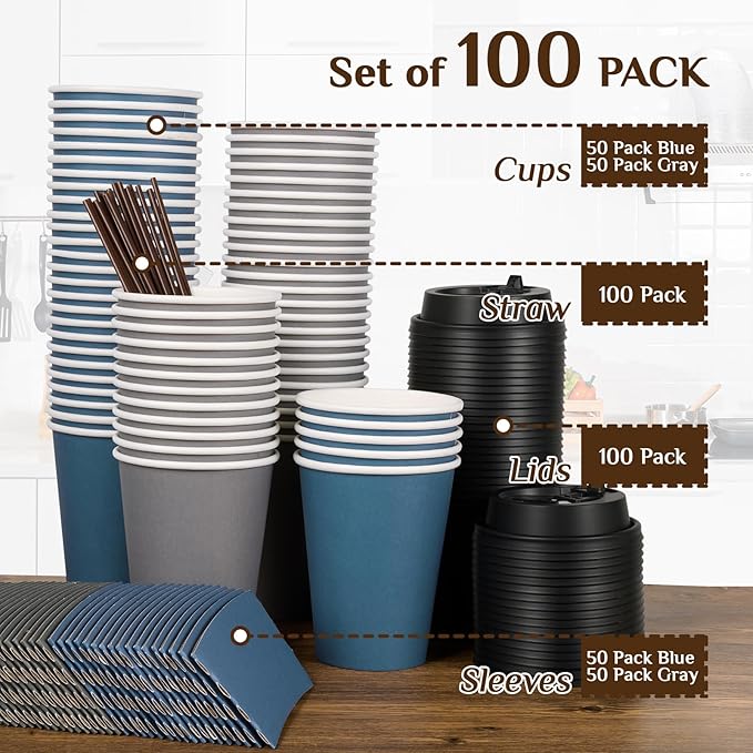 LITOPAK 100 Pack 12 oz Disposable Paper Coffee Cups with Lids, Sleeves and Stirring Sticks for Hot Coffee, Water or Juice, Blue and Gray Hot Paper Cups for Cafes, schools, offices, shops