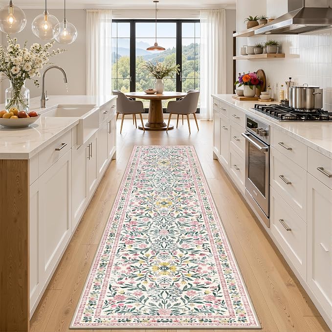 PLHXFR 2x5 Washable Runner Rug：Floral Indoor Kitchen Carpet Pink Green | by PLHXFRSoftAreaRugs