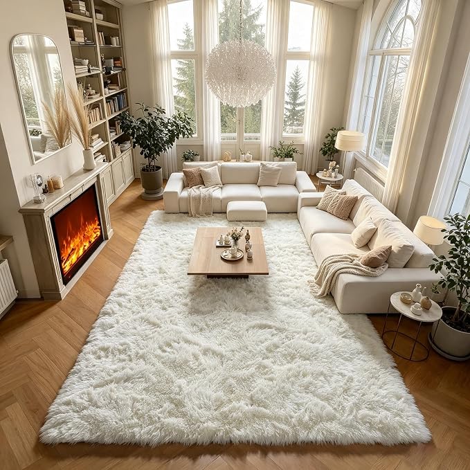 Cream White Area Rugs 9x12 Living Room, Ivory Large Fluffy Shag Bedroom Rug by ONASAR