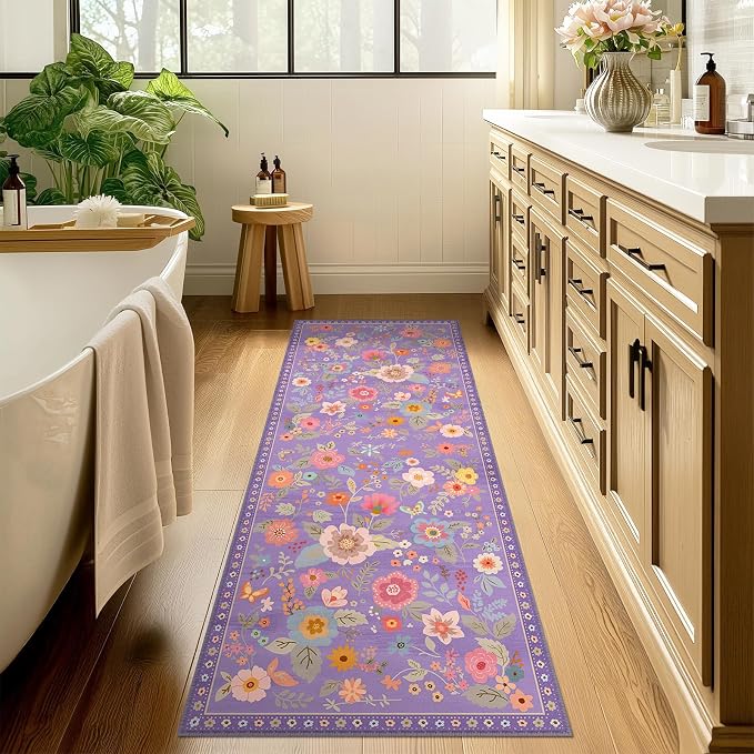 Floral Washable 2x8 Area Rugs Runner Entryway Hallway Purple/Pink | Flower - Image 8