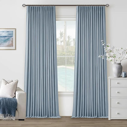 Dusty Blue Pleated Linen 100% Blackout Curtains 102 Inches Long by Twodrapes