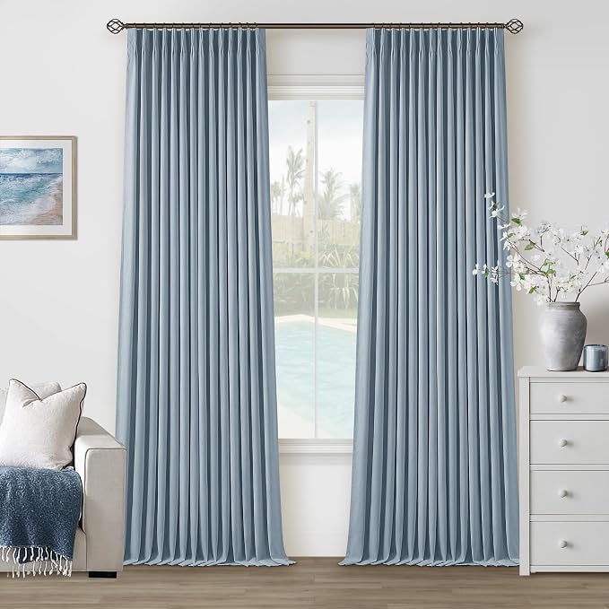 Light Blue Pleated Linen Blackout Curtains 90 Inches Long 2 Panels W40xL90 | by Twodrapes