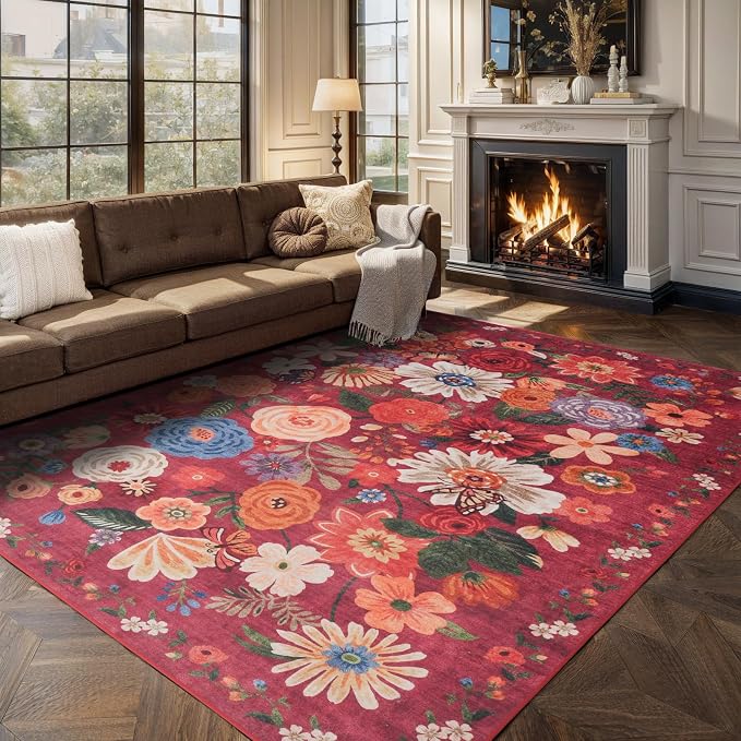 Red Floral Area Rugs 5x7 for Bedroom Livingroom Non-Slip | Ultra-Thin Soft - Image 6