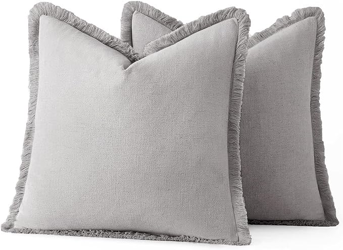 MIULEE Linen Fringe Decorative Euro Throw Pillow Covers Light Grey 24x24 | Set - Image 6