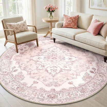 RELEANY Washable Area Rug, Round 6ft, Water Repellent, Pet Friendly, Vintage by RELEANY
