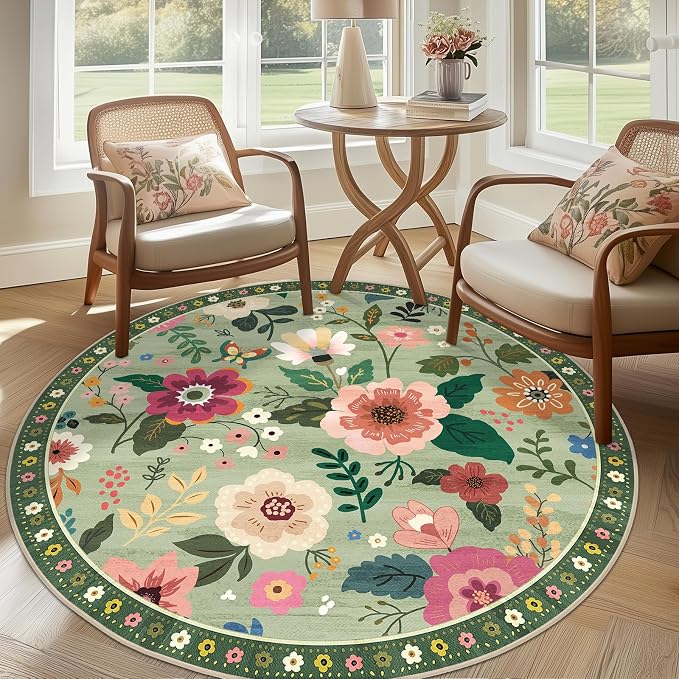 RELEANY Floral Washable Round 4ft Area Rug LightGreen | Flower Carpet Print - Image 9