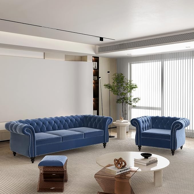 ORRD 2 Pieces Living Room Set, Velvet Couch Chesterfield Sofa Couch Chair by ORRD