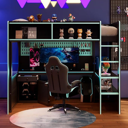 Modern Gaming Loft Bed with Built-in Desk, LED Lighting & Charging Hub –Twin by Unknown