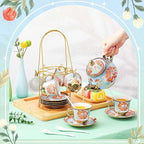 Zhehao 20 Pcs Porcelain Tea Set with Metal Holder and Spoon Adult Ceramic Tea Party Set European Flower Painting Teapot Cup Saucer Spoon Set for Women, Large Version(Retro Style)