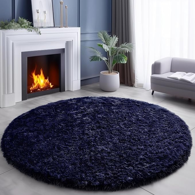 Amdrebio Dark Navy Blue Round Fluffy Area Rug 5Ft - Image 8
