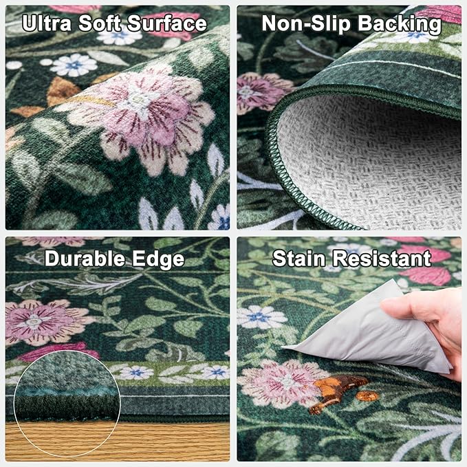 PLHXFR 2x3 Small Entryway Rug: Floral Washable Indoor Carpet Dark Green | - Image 7