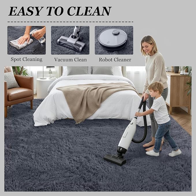 Area Rug Living Room Bedroom: 5x7 Fluffy Plush Shag Carpet Grey | - Image 8