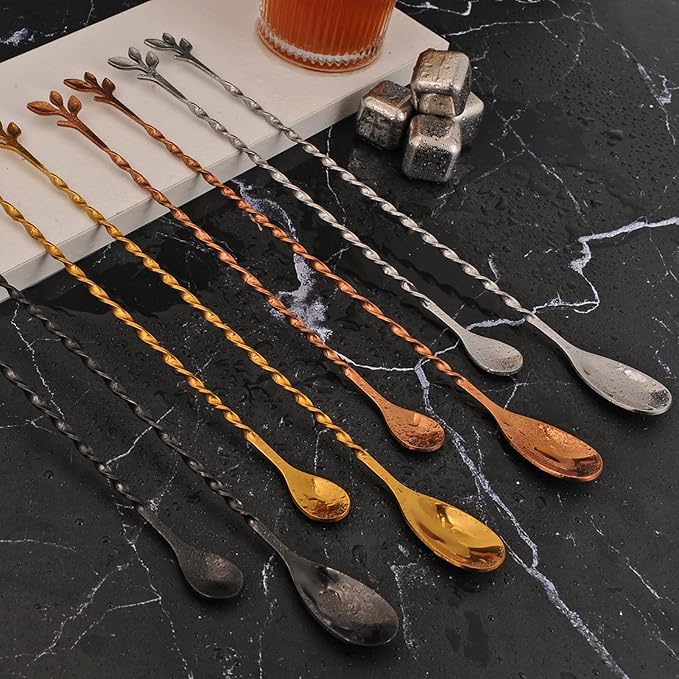 AnSaw Rose Gold 10-Inch Stainless Steel Cocktail Spoon with Leaf Handle - Perfect for Mixing & Layering Drinks in Tall Cups, Bar & Shakers - Durable Long Handle Bar Stirrer,2-Pieces