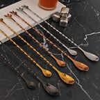 AnSaw Rose Gold 12-Inch Stainless Steel Cocktail Spoon with Leaf Handle - Perfect for Mixing & Layering Drinks in Tall Cups, Bar & Shakers - Durable Long Handle Bar Stirrer,2-Pieces