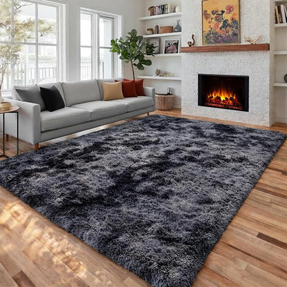 Abstract Fluffy Shaggy Rugs for Living Room Kids Room 5x8 Ft, Tie-Dyed Grey | by PAGISOFE