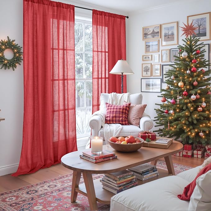 BGment Red Linen Curtains for Living Room 84 Inch Length - Image 2