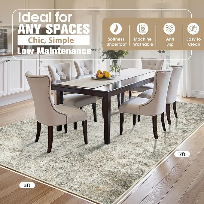 5x7 Area Rugs for Living Room Washable Bedroom Dining Room Beige Brown | Modern - Image 2