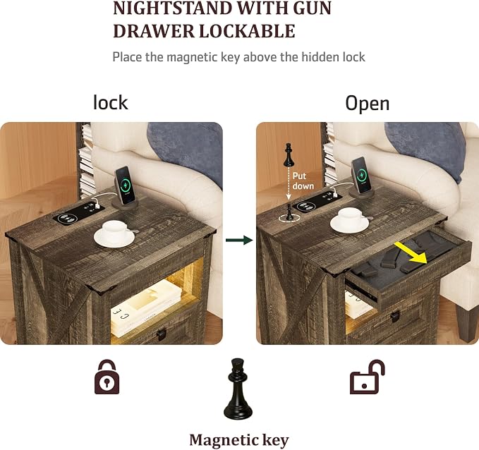 HWB LED Nightstand with Gun Drawer: Bedside Table with Charging Station - Image 3
