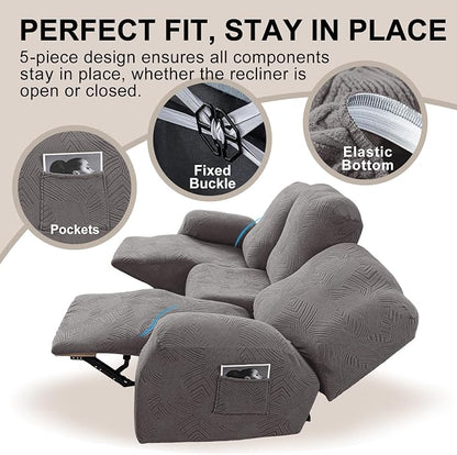 5-Piece Recliner Sofa Covers, Stretch Geometric Strokes Jacquard Recliner Sofa - Image 4