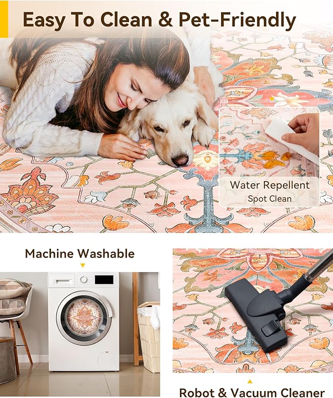 RELEANY Washable Area Rug, Round 6ft, Water Repellent, Pet Friendly, Vintage - Image 5