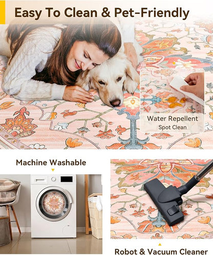 RELEANY Washable Area Rug, Round 8ft, Water Repellent, Pet Friendly, Vintage - Image 4