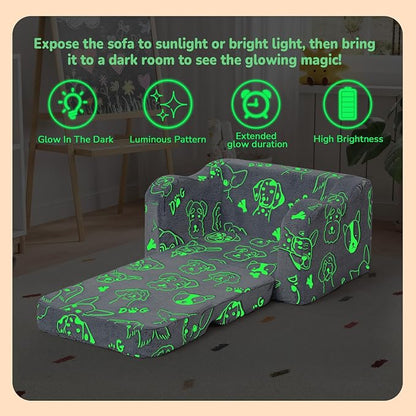 MeMoreCool Glowing Dog Print Kids Chair, 2-in-1 Foldable Kids Couch - Image 4