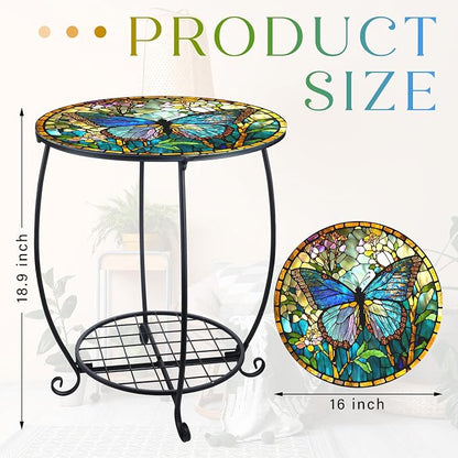 Cinnvoice Outdoor Side Table Round Small Mosaic Patio Accent Indoor End Plant - Image 3