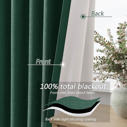 Dark Green 100% Blackout Linen Curtains 84 Inch Length 2 Panels Set - Image 4