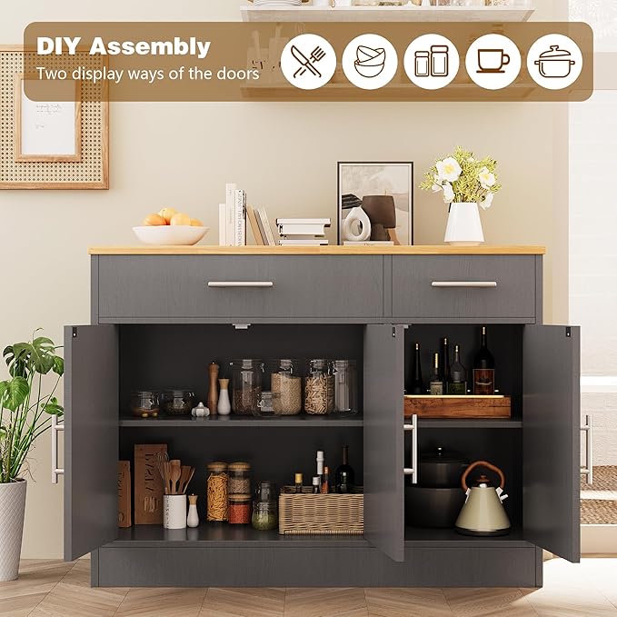 Vongrasig Sideboard Buffet Cabinet with Storage, 43” Farmhouse Coffee Bar Storage Cabinet with Drawers and Shelves, Modern Buffet Table for Kitchen, Dining Room, Grey