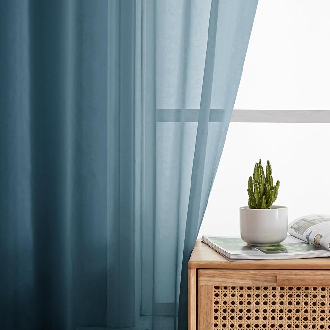 Simplebrand Dusty Blue Short Sheer Kitchen Curtains 36 Inch Length Tier Rod - Image 3