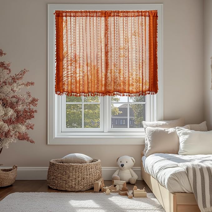 Sutuo Home Terracotta Boho Lace Vintage Curtains 45 Inches 2 Panels - Image 3