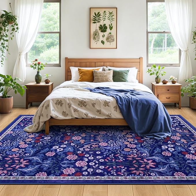 PLHXFR Area Rug Living Room: 5x7 Floral Washable Boho Soft Carpet Blue | - Image 3