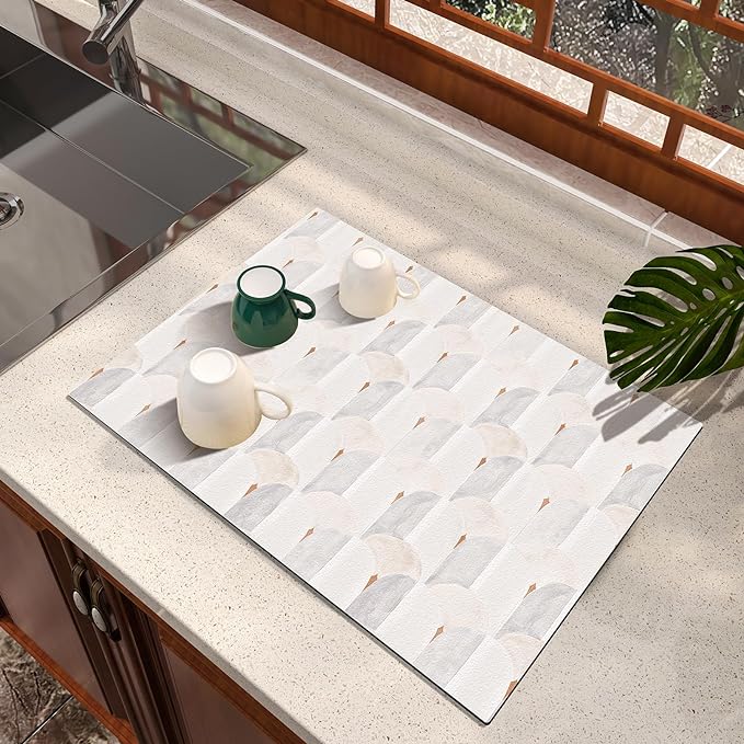 Dish Drying Mat Diatomaceous Earth Soft Coffee Mat Absorbent Silicone Kitchen Counter Mat for Home Kitchen Bathroom Coffee Bar (Sector Geometry, 16 x 24 Inches)