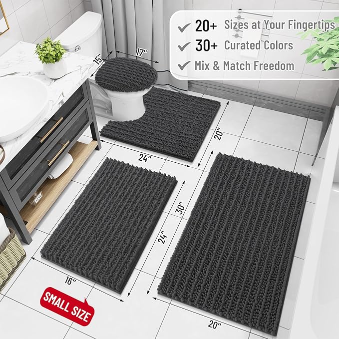 Arotive Luxury Chenille Bathroom Rug Mat, Extra Soft Thick Absorbent Shaggy Bath Rugs, Non-Slip Machine Wash Dry, Plush Bath Mats for Bathroom, Shower and Tub, 45x27, Dark Grey