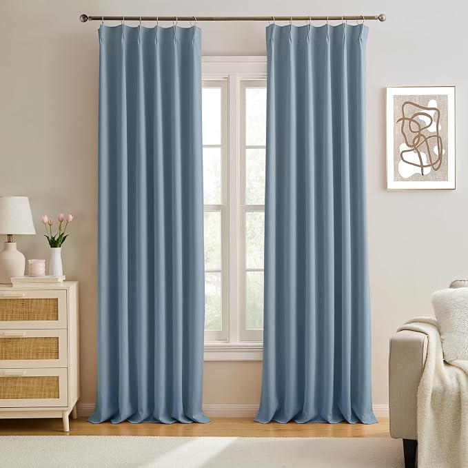 Stone Blue Pinch Pleat Curtain Blinds 102 Inches Long, Living Room Dark Out by KEQIAOSUOCAI