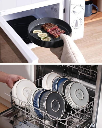 famiware Star 8.25" Pasta Bowls, Large Dinner Bowls Set of 4, Salad Bowl Plates, Shallow Bowls for Eating, Matte Dark Charcoal (Full Glaze)