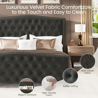LARMACE Queen Size Bed Frame Velvet Upholstered Platform Bed - Image 5