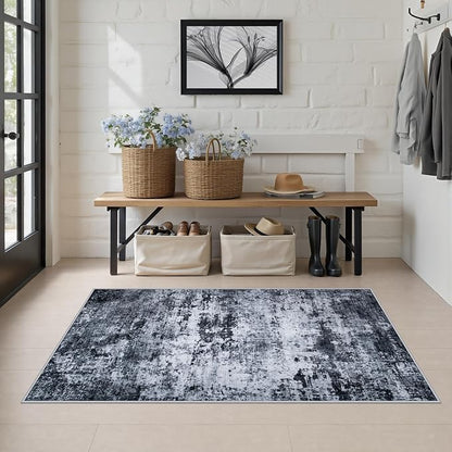 Area Rug Living Room: 3x5 Modern Washable Indoor Carpet Black | - Image 4