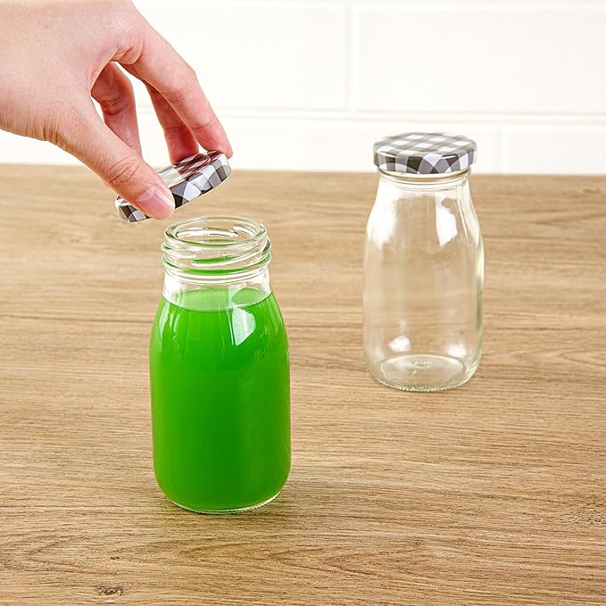 Restaurantware-French Countryside 6 Ounce Glass Bottles, 10 Durable Juice Bottles - With Black Plaid Lid, Dishwashable, Clear Glass Countryside Bottle, For Hot And Cold Beverages