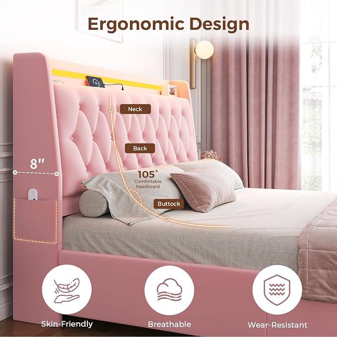 Full LED Velvet Bed Frame with 2 Storage Drawers&Hidden Headboard, Upholstered - Image 7