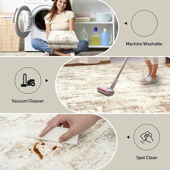 5x7 Area Rugs for Living Room: Washable Abstract Beige Grey Badroom Carpet | - Image 5