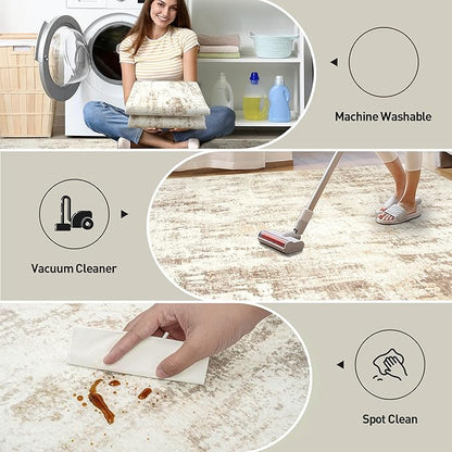 5x7 Area Rugs for Living Room: Washable Abstract Beige Grey Badroom Carpet | - Image 5
