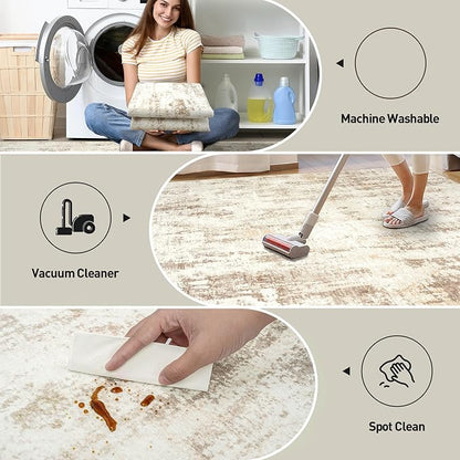 8x10 Area Rugs for Living Room: Washable Abstract Beige Grey Badroom Carpet | - Image 5