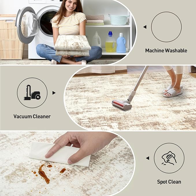 6x9 Area Rugs for Living Room: Washable Abstract Beige Grey Badroom Carpet | - Image 4