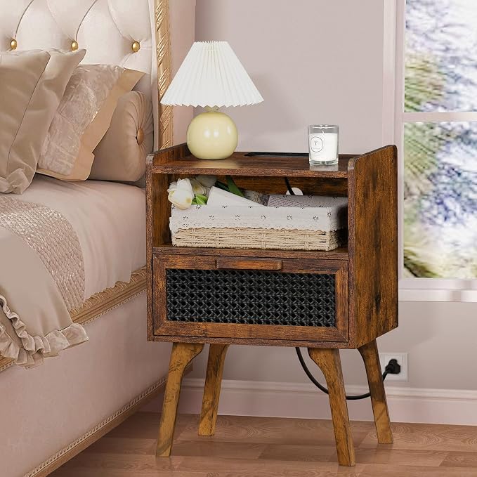 Lerliuo Rattan Nightstand with Charging Station, Side Table with Drawer Open - Image 4
