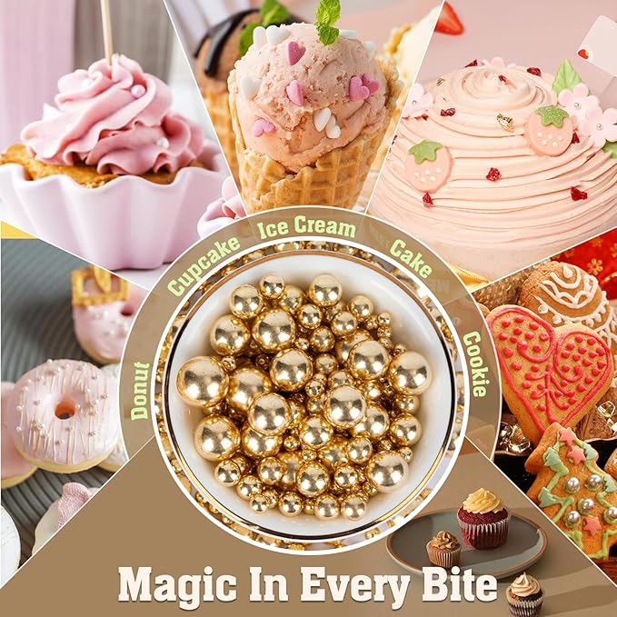 Twisweet Gold Pearl Sprinkles for Cake Decorating, Edible Sugar Pearls for Baking, Mix Size, Cake Topper Cupcake Cookie Ice Cream Dessert Decorations, Valentines Birthday Christmas Supplies (130g/4.58oz)