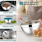 E-far Mixing Bowls with Lids Set, 7-Piece Stainless Steel Mixing Bowls with 3 Grater Attachments, Size 4.6, 3.5, 2.6, 2, 1.5, 1, 0.7QT, Metal Nesting Bowls & Blue Airtight Lids, For Baking/Cooking
