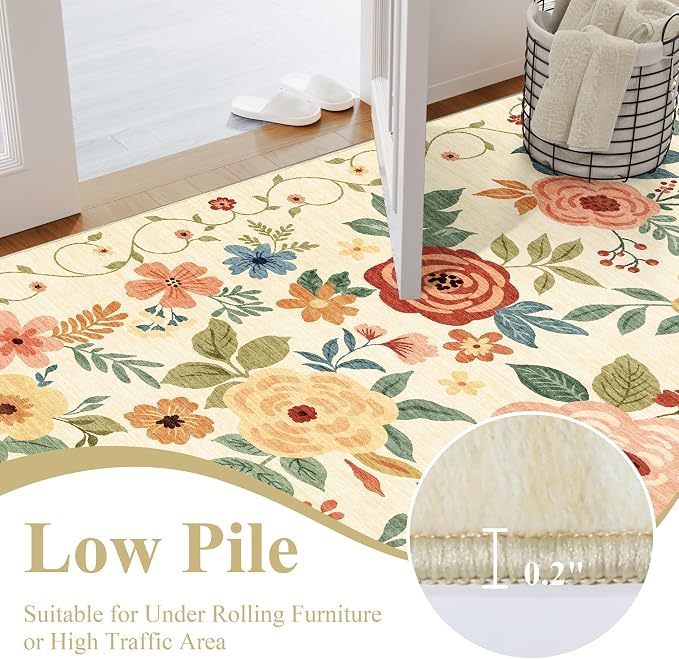 DUKINO 4x6 Area Rug, Floral Washable Office Chair Rug Non Slip Beige Yellow | - Image 6