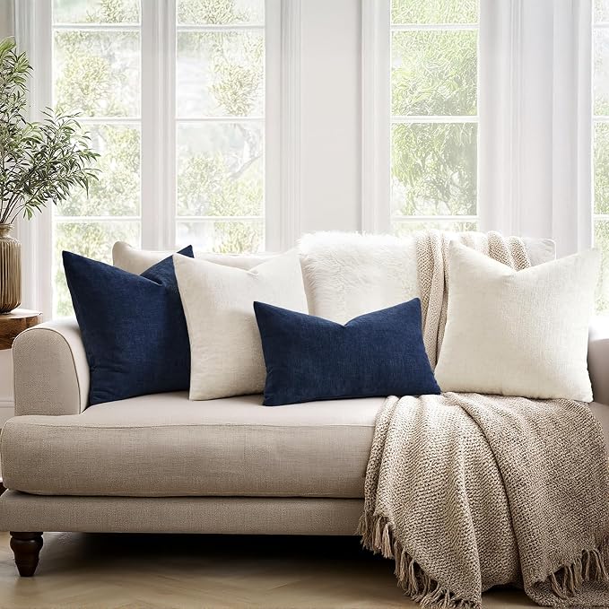 MIULEE Navy Chenille Couch Throw Pillow Covers, 18x18 | Set of 2, Soft Coastal - Image 3
